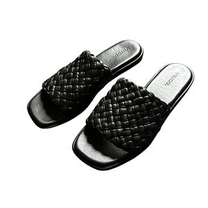 Vince Black Woven Leather Slide Sandals